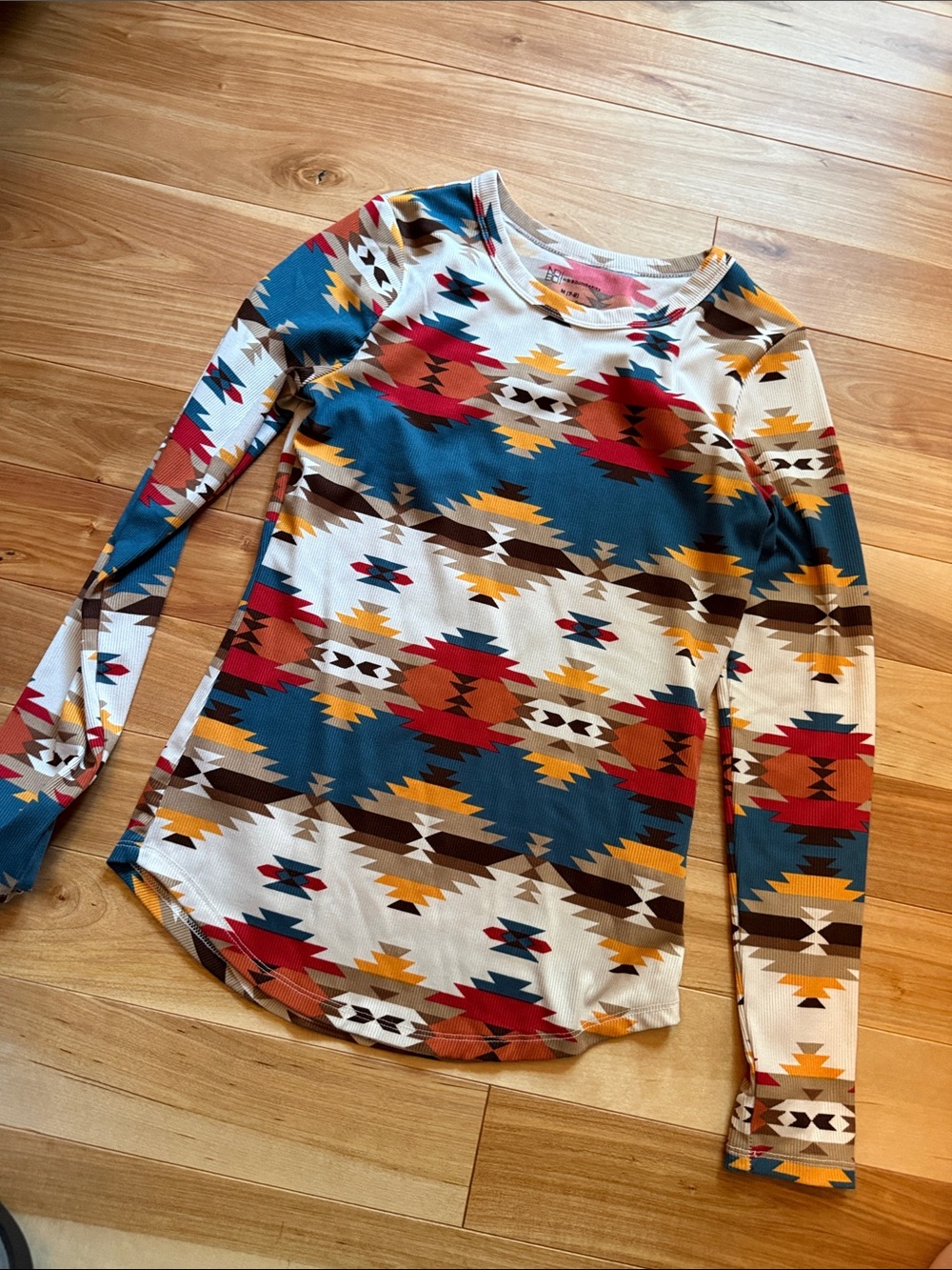 No Boundaries Teal, Red & Mustard Aztec Long Sleeve Top